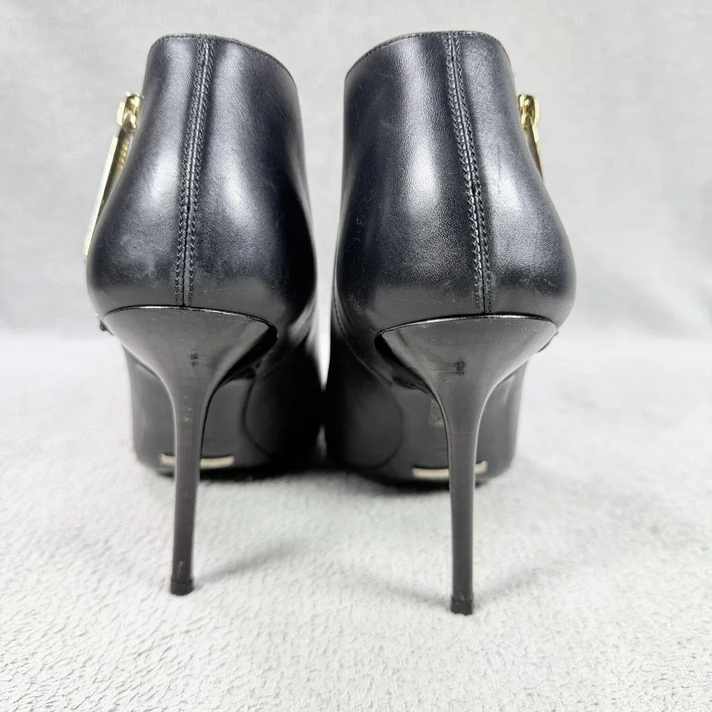 Burberry Womens 39 Black Leather Gold Zip Peep Toe Stiletto Ankle Bootie Italy
